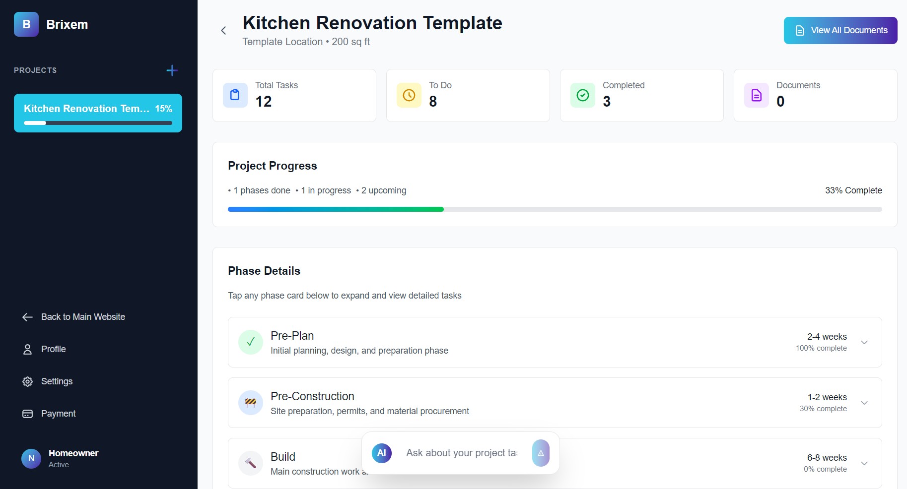 Kitchen renovation dashboard