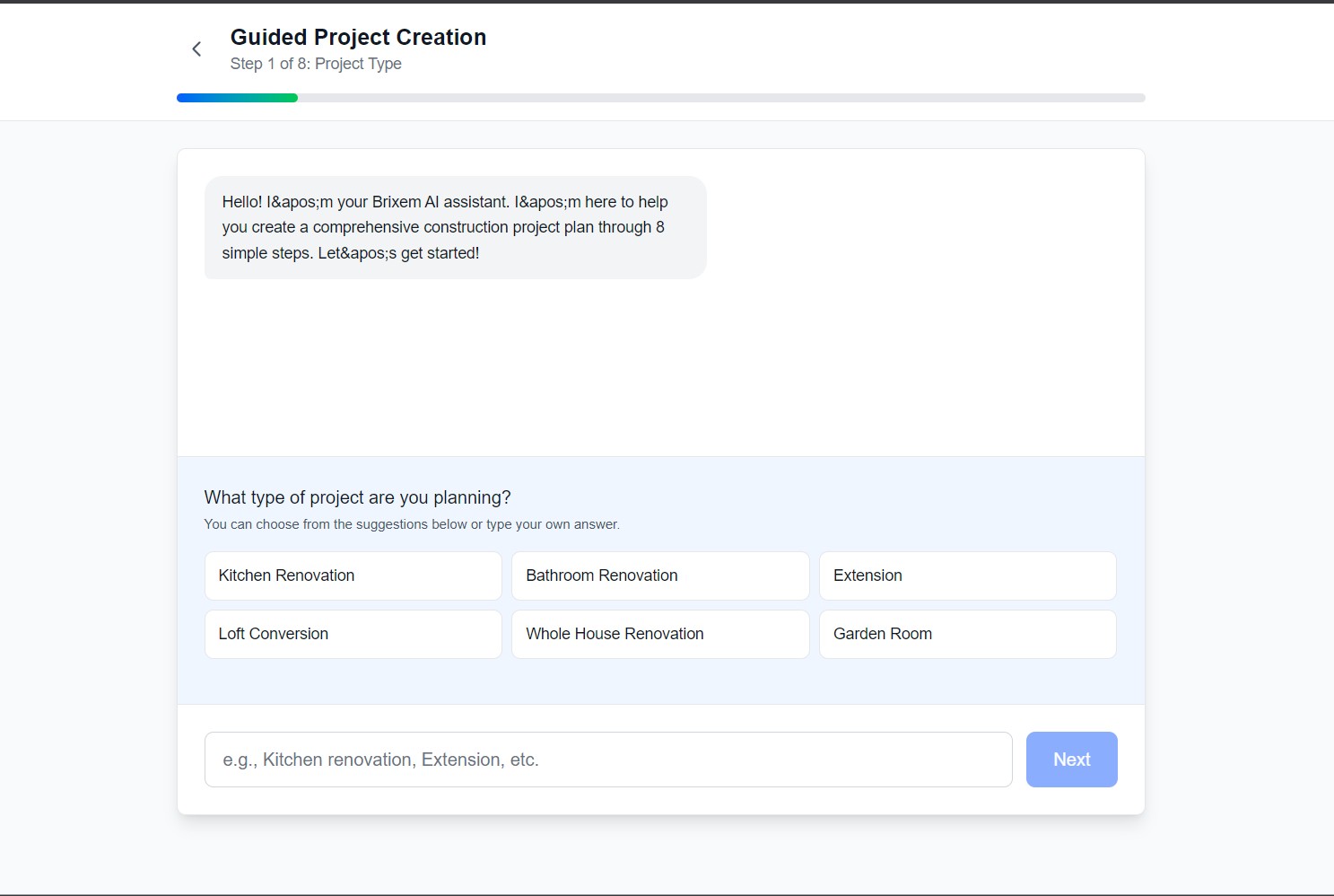 Guided project creation, step 1 of 8