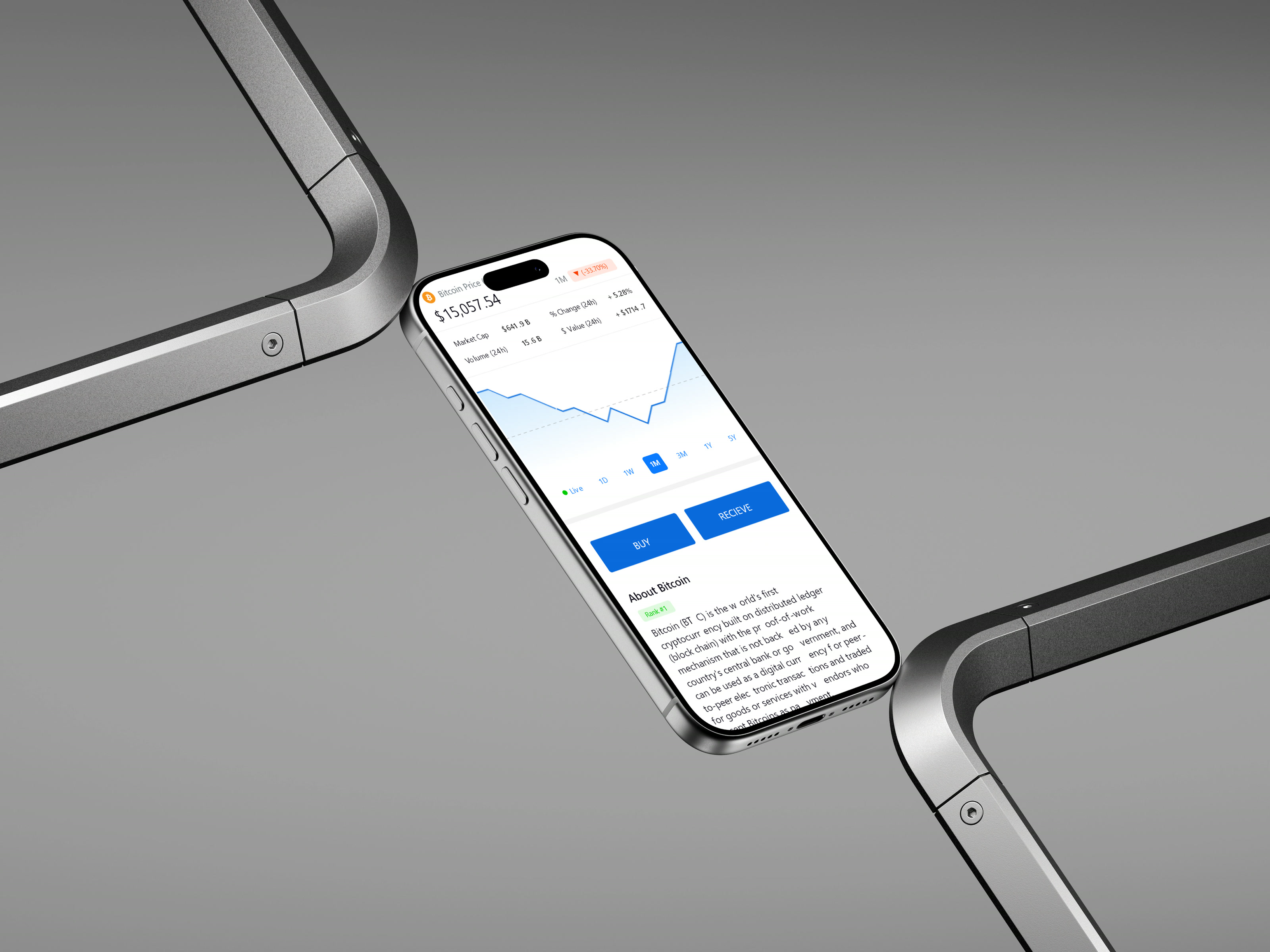 Mobilum Bitcoin price screen in a studio render, with buy and receive actions