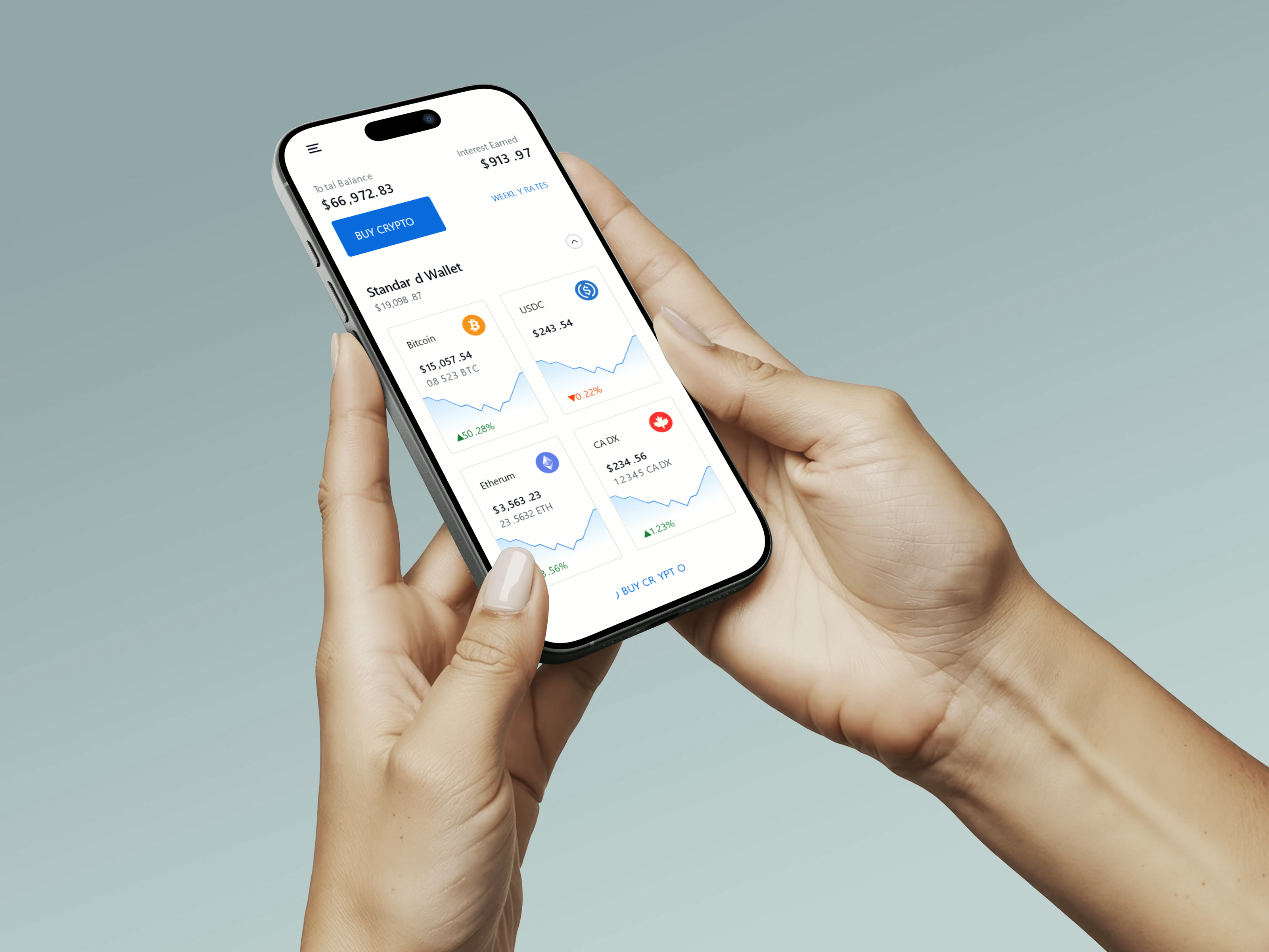 Hands holding the Mobilum standard wallet, with total balance and a Buy Crypto action